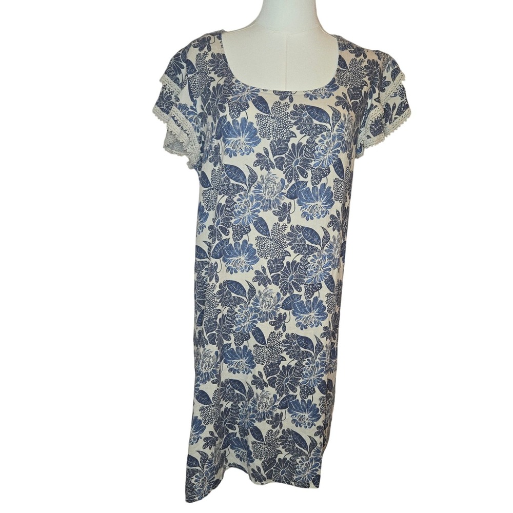 Luisa Perla Blue‎ White Floral Linen Dress Lace Trim Italy Medium Cottagecore